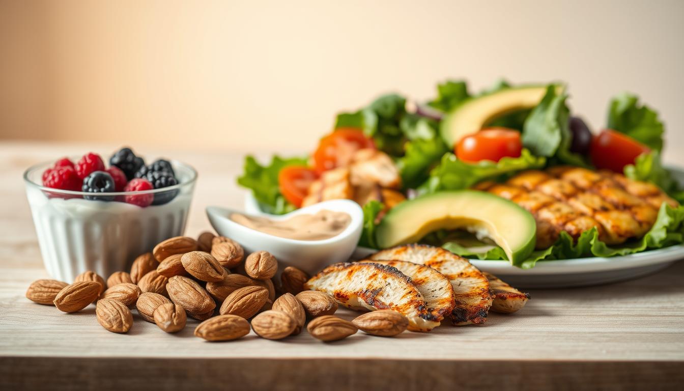 A beautifully lit, close-up still life composition of a variety of high-protein snack items arranged on a clean, minimalist wooden surface. In the foreground, a range of nutritious options such as roasted almonds, Greek yogurt with berries, hard-boiled eggs, and grilled chicken slices are neatly displayed. The middle ground features a vibrant salad with leafy greens, tomatoes, and avocado slices, highlighting the balanced nature of the healthy snacks. The background is softly blurred, allowing the viewer to focus on the appetizing, protein-rich selection. The lighting is warm and natural, casting a subtle glow on the scene and enhancing the vibrant colors of the snacks.