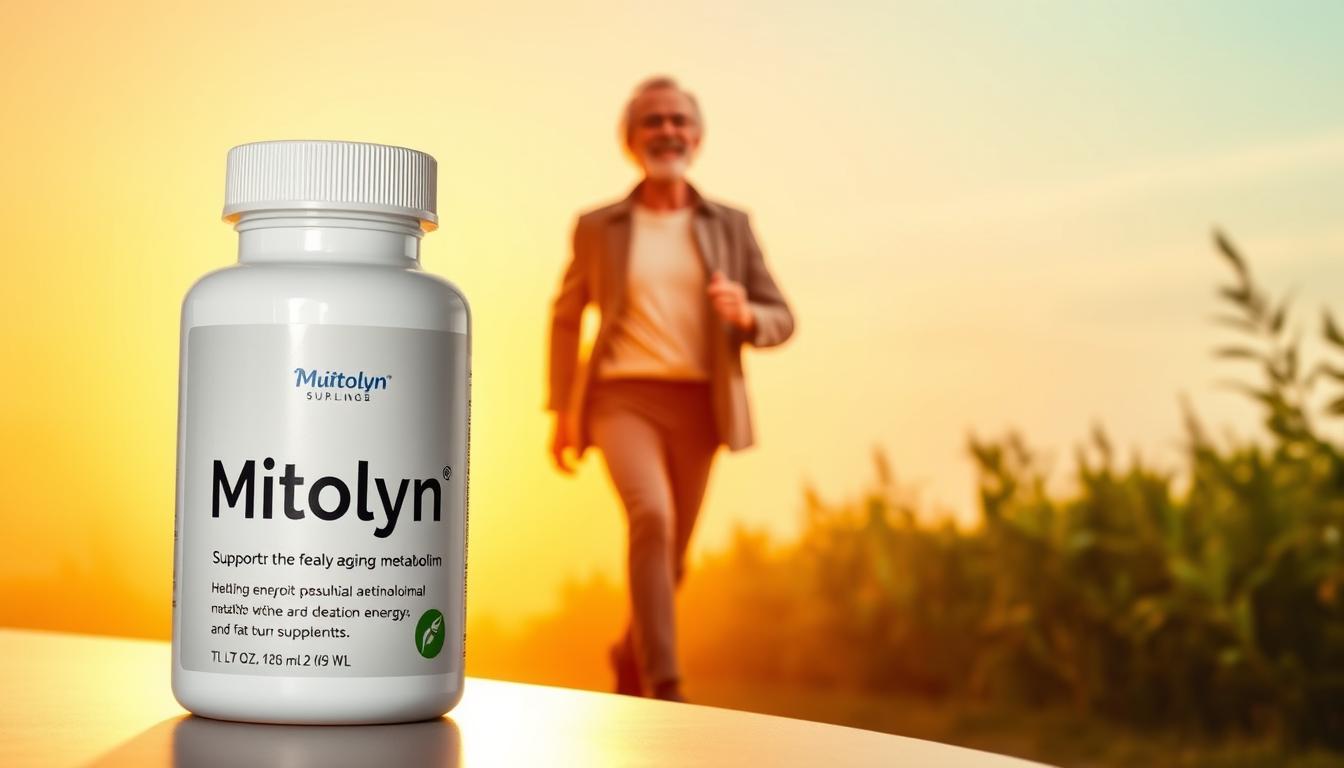 A bottle of Mitolyn dietary supplement set against a vibrant, warm-toned background. The bottle is bathed in soft, directional lighting, casting subtle shadows and highlights that accentuate its sleek, modern design. In the middle ground, a healthy, energetic person in their 40s or 50s strides purposefully, exuding vitality. The background is a serene, nature-inspired scene, with lush foliage and a clear sky, conveying a sense of rejuvenation and wellbeing. The overall atmosphere is one of optimism, suggesting the potential for Mitolyn to support the aging metabolism and provide natural energy and fat-burning benefits.
