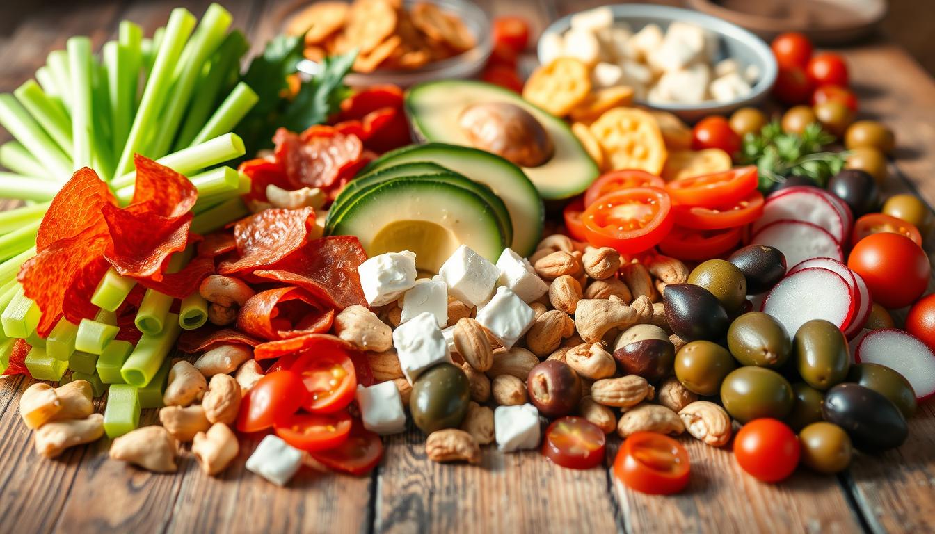 A bountiful arrangement of low-carb snacks displayed on a rustic wooden table, captured in vibrant natural lighting. In the foreground, an assortment of crunchy celery sticks, crisp cucumber slices, and savory pepperoni bites. In the middle ground, creamy avocado halves, tangy feta cheese cubes, and buttery macadamia nuts. In the background, a scatter of juicy cherry tomatoes, earthy radish rounds, and glossy olives. The scene exudes a sense of wholesome nourishment and satisfying fullness, perfect for a low-carb snacking moment.