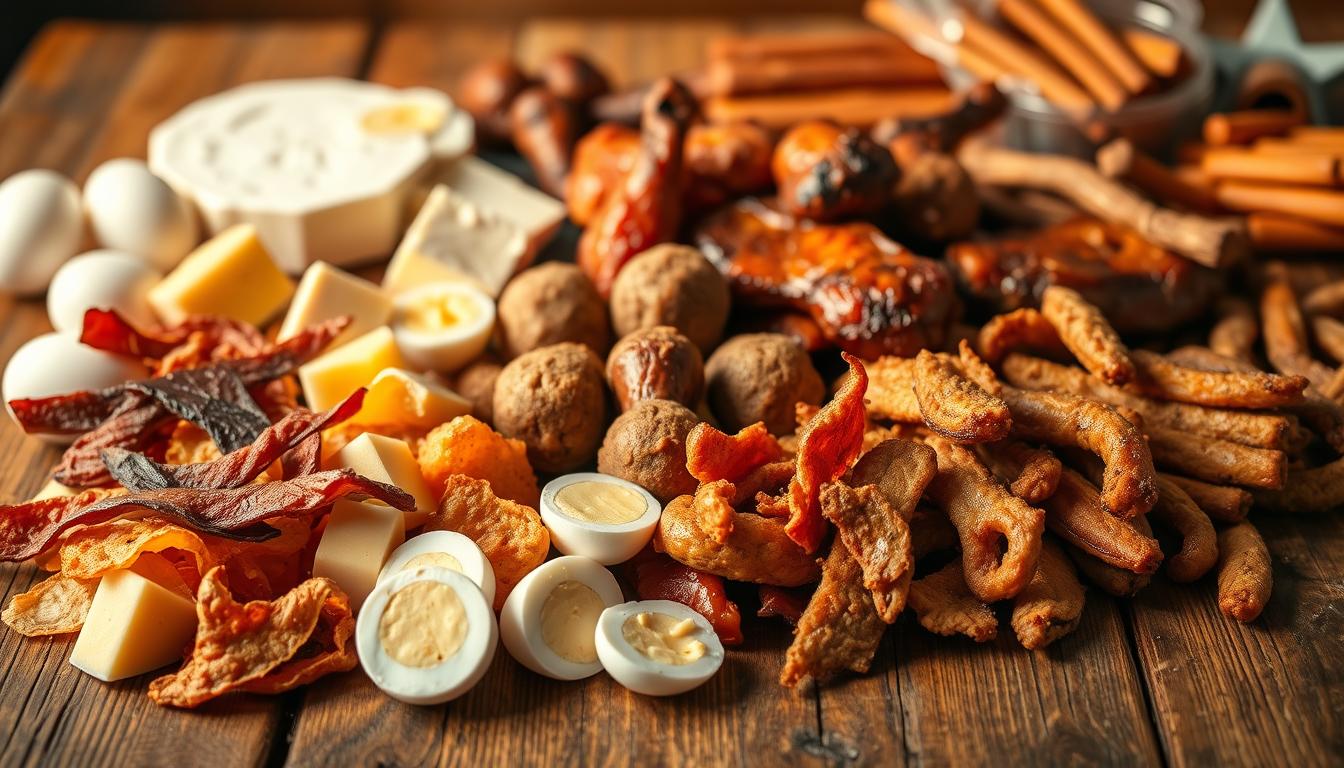 A bountiful array of carnivore-friendly snacks rests upon a rustic wooden table, bathed in warm, vibrant lighting. In the foreground, sizzling grass-fed beef jerky and tender pork rinds beckon. Behind them, creamy artisanal cheese cubes and hard-boiled eggs gleam. In the middle, juicy lamb meatballs and seasoned chicken wings await eager fingers. The background features a selection of crunchy pork belly bites and savory beef sticks, complementing the spread. The overall scene exudes a sense of nourishment and convenience, perfect for the busy carnivore on the go.