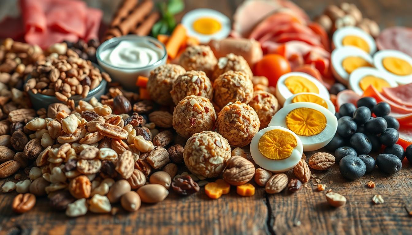 A bountiful array of high-protein snack options, artfully arranged on a rustic wooden surface. In the foreground, a variety of nuts, seeds, and dried fruits gleam under warm, natural lighting. In the middle ground, bite-sized protein bars and energy bites in vibrant, appetizing hues. The background features a selection of hardboiled eggs, Greek yogurt, and sliced deli meats, creating a visually striking and nutritionally balanced composition. The overall scene exudes a sense of wholesome, high-energy satisfaction, capturing the essence of the "11 high-protein snacks that won't sabotage your diet" theme.