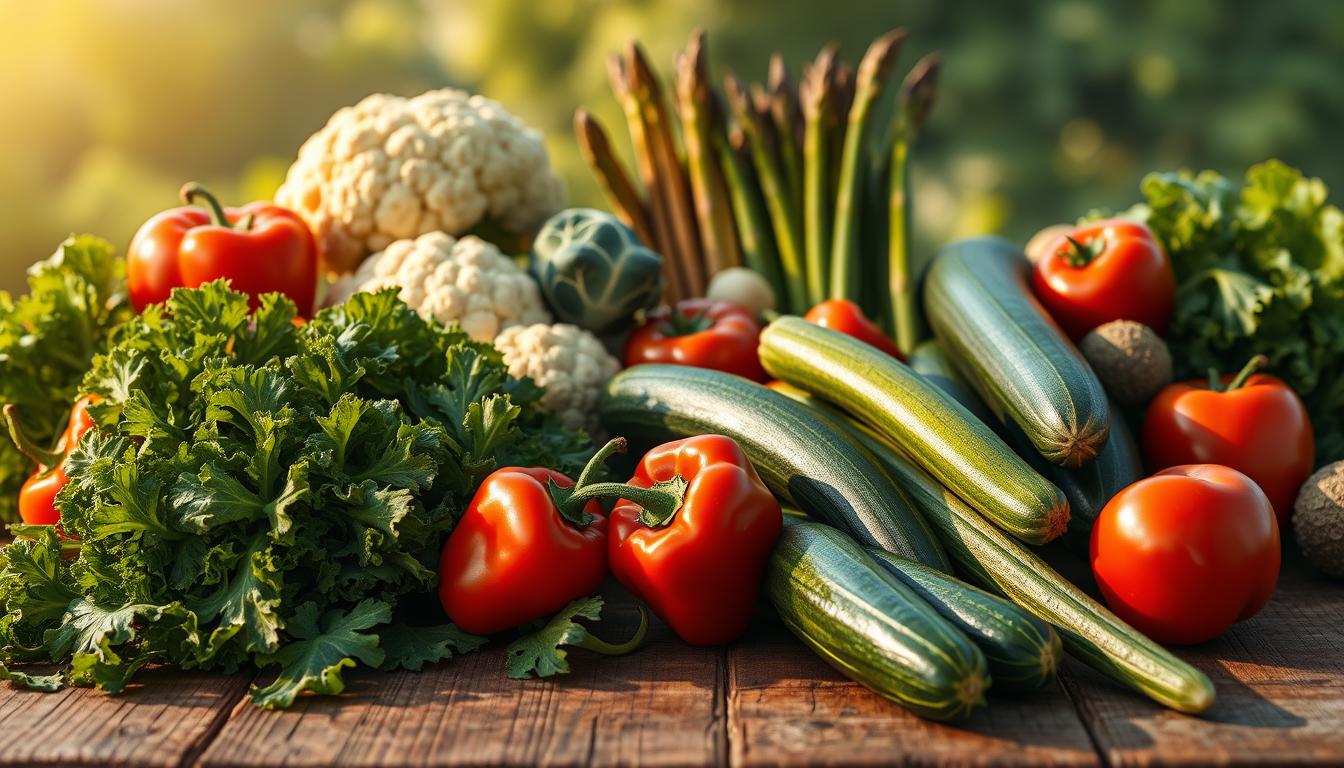 A bountiful display of affordable, low-carb vegetables, beautifully arranged on a rustic wooden table. In the foreground, vibrant green kale, crisp red bell peppers, and fresh zucchini spill across the surface, casting long, dramatic shadows. In the middle ground, earthy-hued cauliflower florets and slender asparagus stalks stand tall, their textures contrasting against the smooth, glistening tomatoes. The background fades into a softly-lit, natural setting, evoking a sense of abundance and nourishment. Warm, golden lighting accentuates the vivid colors and highlights the dynamic composition, creating an inviting and appetizing scene.