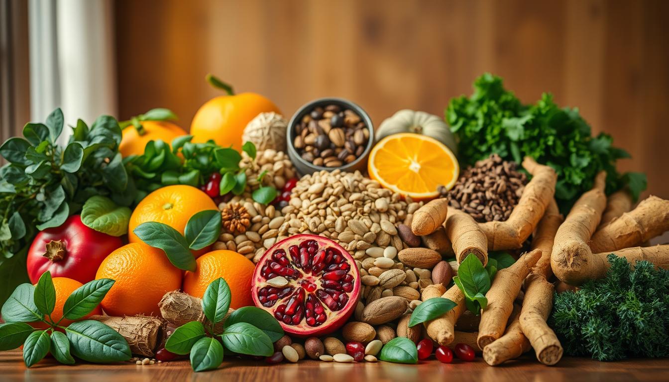 A bountiful display of immune-boosting foods, captured in a vibrant still life. In the foreground, a selection of fresh fruits and vegetables - juicy oranges, leafy greens, ruby-red pomegranate seeds, and golden turmeric roots - arranged with artful precision. The middle ground features a variety of nuts, seeds, and superfoods, their textures and colors creating a visually compelling harmony. In the background, a warm, softly-lit setting evokes a cozy, nourishing atmosphere, inviting the viewer to appreciate the natural power and beauty of these immune-strengthening ingredients.