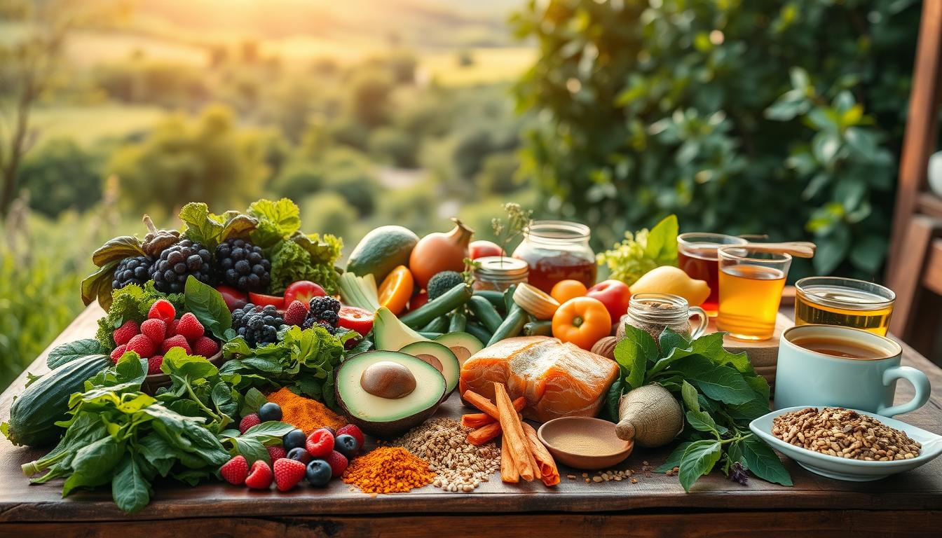 A bountiful spread of fresh, whole foods on a rustic wooden table, bathed in warm, golden light. In the foreground, an array of anti-inflammatory ingredients - leafy greens, vibrant berries, omega-rich salmon, creamy avocado, and turmeric-infused spices. The middle ground showcases colorful vegetables and hearty grains, complemented by soothing herbal teas. In the background, a lush, verdant landscape suggests a connection to nature. The overall atmosphere is one of nourishment, vitality, and healing - a visual representation of the benefits of an anti-inflammatory diet for recovery.