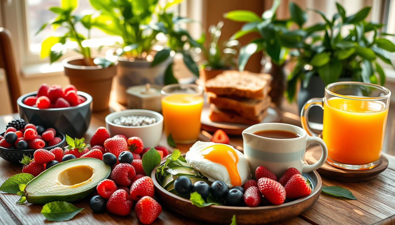 A bountiful spread of nutritious breakfast items arranged on a rustic wooden table, bathed in warm, natural lighting. In the foreground, a vibrant array of fresh berries, sliced avocado, a poached egg, and a steaming mug of herbal tea. In the middle ground, a stack of whole grain toast, a small bowl of chia pudding, and a glass of freshly squeezed orange juice. The background features lush, green potted plants, complementing the earthy, soothing atmosphere. The overall scene exudes a sense of wellness, nourishment, and mindful indulgence, perfectly suited to fuel both mental and physical well-being. A bountiful spread of nutritious breakfast items arranged on a rustic wooden table, bathed in warm, natural lighting. In the foreground, a vibrant array of fresh berries, sliced avocado, a poached egg, and a steaming mug of herbal tea. In the middle ground, a stack of whole grain toast, a small bowl of chia pudding, and a glass of freshly squeezed orange juice. The background features lush, green potted plants, complementing the earthy, soothing atmosphere. The overall scene exudes a sense of wellness, nourishment, and mindful indulgence, perfectly suited to fuel both mental and physical well-being.