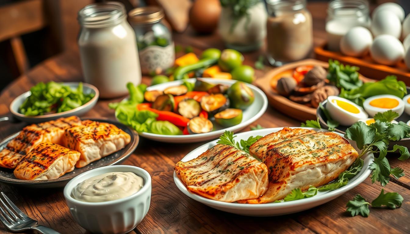 A bountiful spread of quick, low-carb meal options arranged on a rustic wooden table, bathed in warm, vibrant lighting. In the foreground, grilled salmon fillets sizzle, accompanied by a fresh green salad and a bowl of creamy avocado dip. In the middle ground, a plate of roasted vegetables - zucchini, bell peppers, and Brussels sprouts - glistens with a light olive oil drizzle. In the background, jars of chia pudding and a platter of hard-boiled eggs await, showcasing the variety of simple, satisfying low-carb choices. The overall scene exudes a sense of effortless, healthy indulgence.