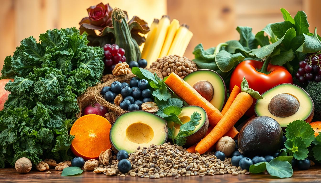 A bountiful still life arrangement featuring an assortment of mitochondria-boosting superfoods, arranged in a vibrant, appetizing display. In the foreground, an array of leafy greens, brightly colored vegetables, and nutrient-dense fruits such as kale, spinach, sweet potatoes, avocados, and blueberries. In the middle ground, a scattering of nuts, seeds, and legumes like walnuts, chia seeds, and lentils. The background is bathed in warm, natural lighting, accentuating the vivid colors and textures of the foods. The overall composition evokes a sense of health, vitality, and a celebration of the power of a mitochondria-friendly diet.
