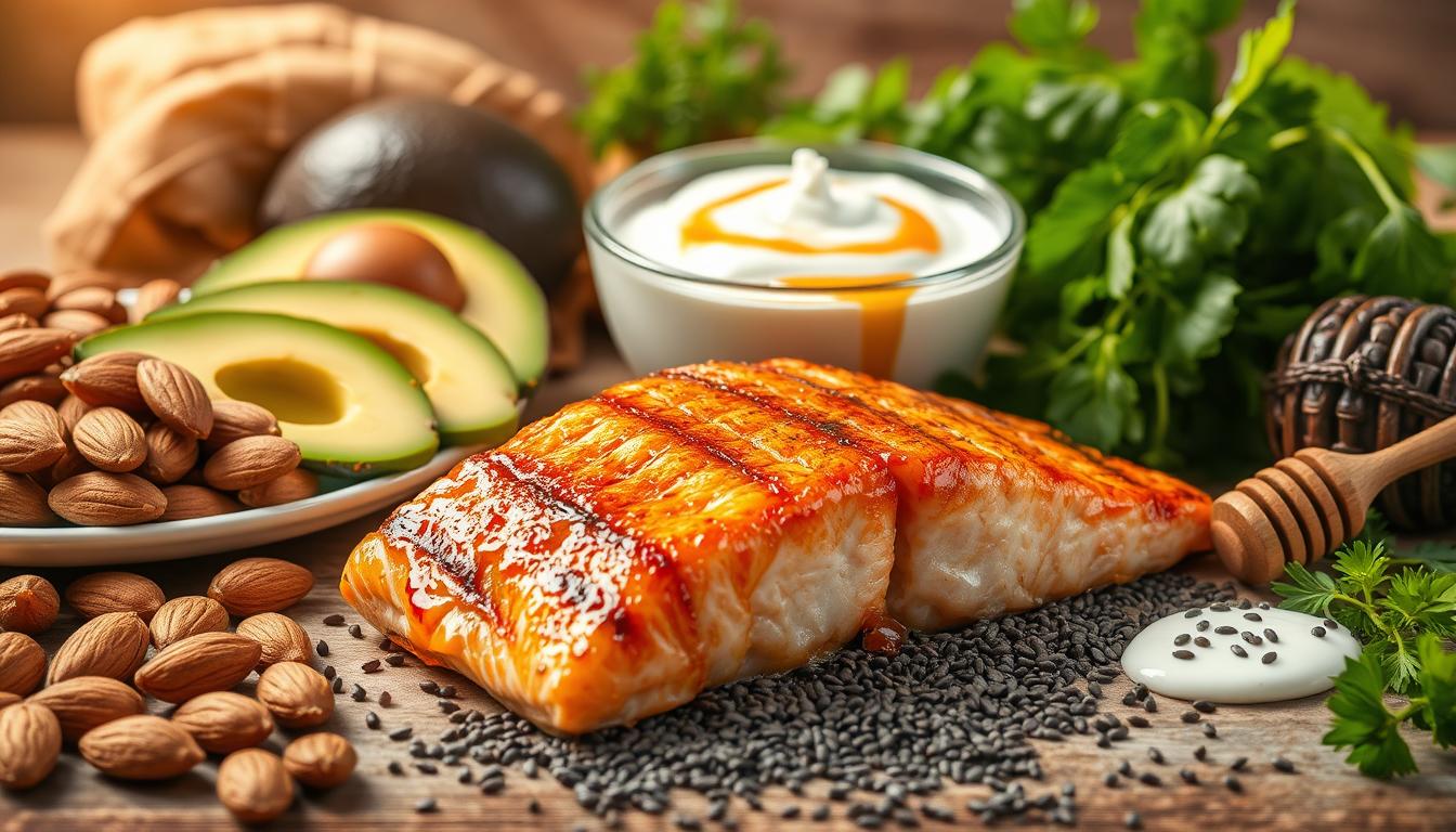 A bountiful still-life arrangement showcasing a variety of protein-rich foods and healthy fats. In the foreground, a succulent grilled salmon fillet glistens under warm, golden studio lighting. Arranged around it are a platter of roasted almonds, a handful of fresh avocado slices, and a scattering of vibrant, nutrient-dense chia seeds. In the middle ground, a bowl of creamy Greek yogurt stands ready, topped with a drizzle of rich, amber-colored honey. The background features a selection of fresh herbs, their vibrant green leaves contrasting beautifully with the earthy tones of the other ingredients. The overall mood is one of natural abundance and health, inviting the viewer to savor each wholesome, flavorful element.