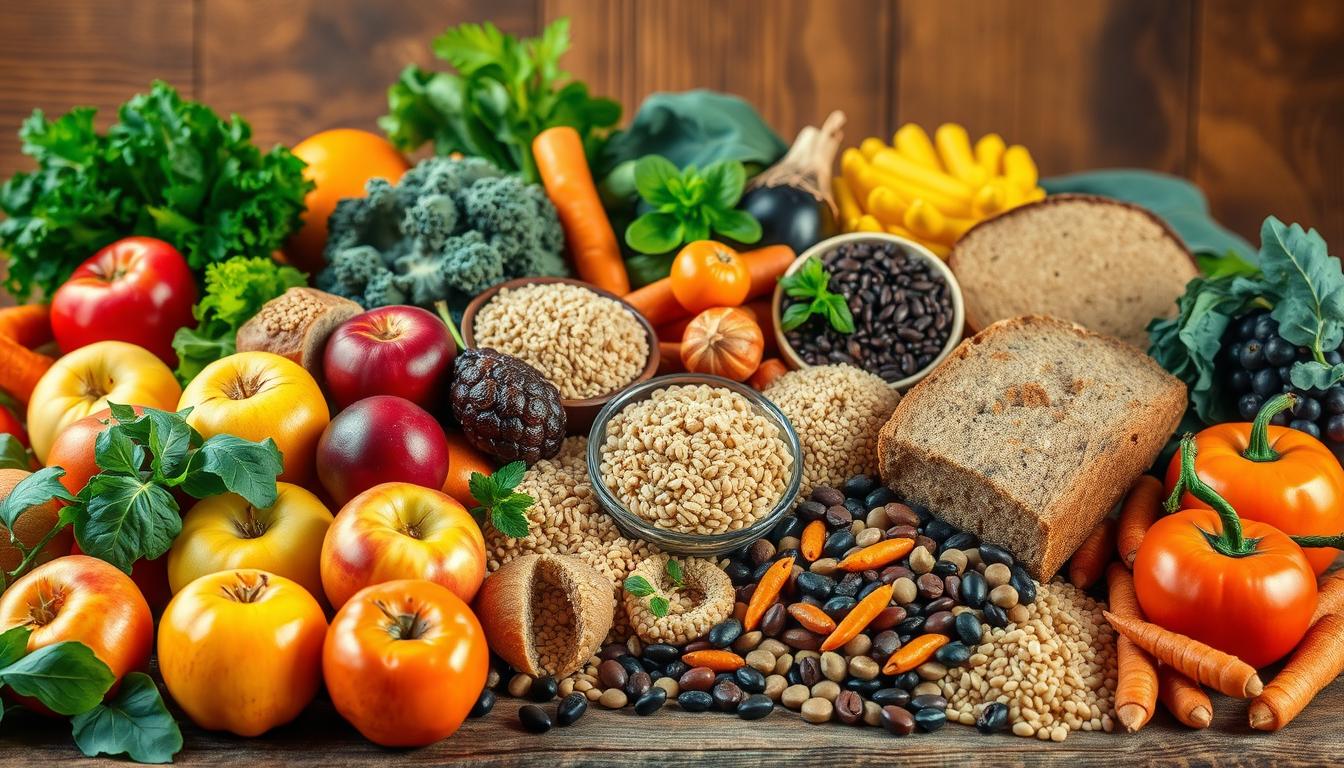 A bountiful still life arrangement showcasing an array of fiber-rich foods, bathed in warm, vibrant lighting. In the foreground, a variety of colorful fruits and vegetables - crisp apples, juicy oranges, crunchy carrots, and leafy greens - artfully arranged. In the middle ground, hearty whole grains like brown rice, quinoa, and whole wheat bread. Interspersed throughout, high-fiber legumes such as lentils, chickpeas, and black beans. The background features a rustic wooden table, with a natural, earthy atmosphere emphasizing the inherent goodness of these nourishing, vibrant ingredients. A bountiful still life arrangement showcasing an array of fiber-rich foods, bathed in warm, vibrant lighting. In the foreground, a variety of colorful fruits and vegetables - crisp apples, juicy oranges, crunchy carrots, and leafy greens - artfully arranged. In the middle ground, hearty whole grains like brown rice, quinoa, and whole wheat bread. Interspersed throughout, high-fiber legumes such as lentils, chickpeas, and black beans. The background features a rustic wooden table, with a natural, earthy atmosphere emphasizing the inherent goodness of these nourishing, vibrant ingredients.