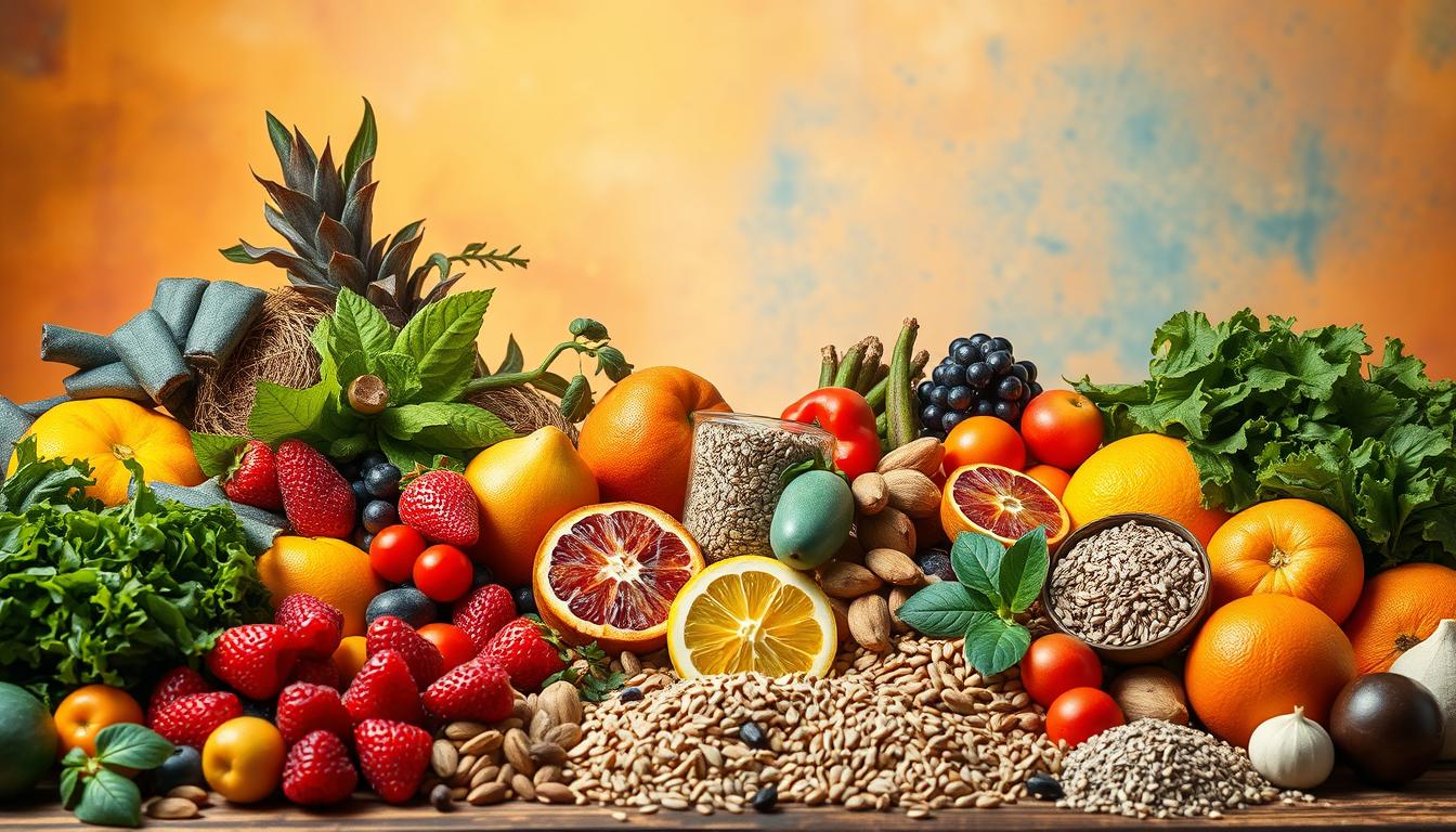 A bountiful still life arrangement showcasing an assortment of fiber-rich foods against a vibrant backdrop. In the foreground, a vibrant array of colorful produce including leafy greens, berries, and citrus fruits, arranged in an aesthetically pleasing composition. In the middle ground, a variety of nuts, seeds, and whole grains, such as flaxseeds, chia seeds, and quinoa, scattered throughout. The background features a warm, golden-hued lighting, casting a soft, natural glow over the scene, evoking a sense of nourishment and vitality. The overall mood is one of abundance, health, and the power of fiber-rich, plant-based foods to satiate and support the body.