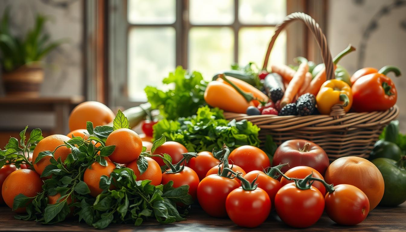 A bountiful still life of fresh, vibrant fruits and vegetables, artfully arranged on a wooden table. In the foreground, a cluster of juicy oranges, ruby-red tomatoes, and emerald-green leafy greens. In the middle ground, a basket overflowing with plump, ripe berries, crunchy carrots, and crisp bell peppers. The background features a rustic, sunlit window, casting a warm glow over the natural, nutrient-rich bounty. The lighting is soft and diffused, accentuating the vivid colors and textures of the produce. Captured with a shallow depth of field, drawing the viewer's eye to the succulent, vital ingredients. A bountiful still life of fresh, vibrant fruits and vegetables, artfully arranged on a wooden table. In the foreground, a cluster of juicy oranges, ruby-red tomatoes, and emerald-green leafy greens. In the middle ground, a basket overflowing with plump, ripe berries, crunchy carrots, and crisp bell peppers. The background features a rustic, sunlit window, casting a warm glow over the natural, nutrient-rich bounty. The lighting is soft and diffused, accentuating the vivid colors and textures of the produce. Captured with a shallow depth of field, drawing the viewer's eye to the succulent, vital ingredients.