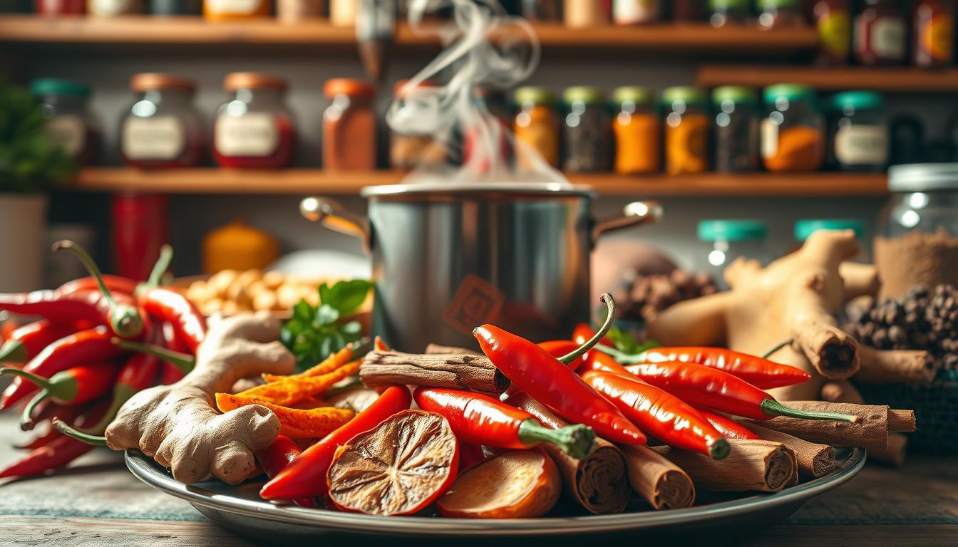 A bountiful still life of thermogenic fat-burning superfoods, bathed in warm, vibrant lighting. In the foreground, a platter overflows with fiery chili peppers, ginger roots, and cinnamon sticks. The middle ground features a simmering pot of herbal tea, wisps of steam rising. In the background, shelves brim with jars of cayenne, turmeric, and black pepper. The scene radiates an invigorating, earthy energy, inviting the viewer to explore nature's potent metabolism-boosting treasures.