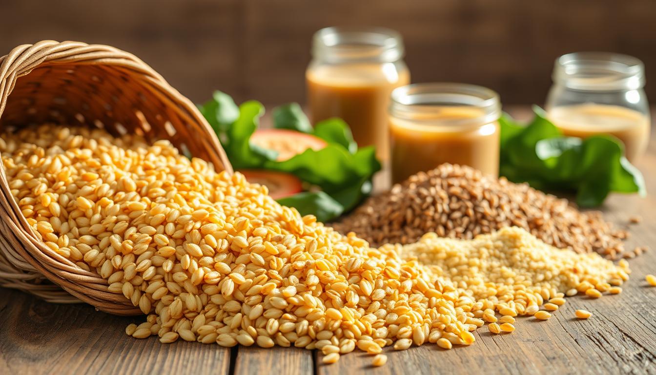 A bountiful still life on a rustic wooden table, illuminated by warm, natural lighting. In the foreground, an assortment of whole grains - golden wheat berries, nutty-hued quinoa, and earthy brown rice - spilling from a woven basket. Behind them, a scattering of vibrant green leaves, perhaps kale or spinach, adding a touch of freshness. In the middle ground, a glass jar filled with a rich, creamy dressing, hinting at the anti-inflammatory properties of the ingredients. The background features a simple, uncluttered setting, allowing the whole grains and their accompaniments to take center stage, conveying the essence of a nourishing, anti-inflammatory diet.