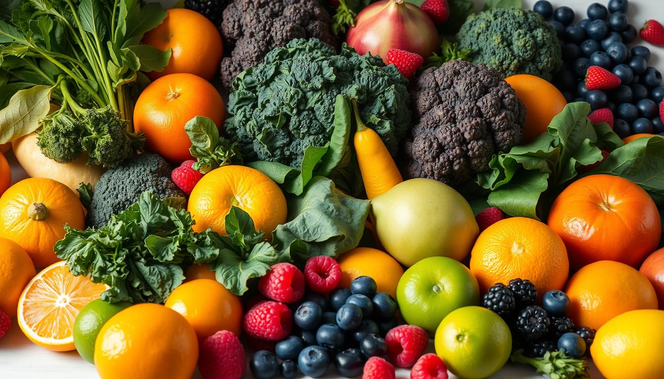 A bountiful still life showcasing a diverse array of immune-boosting fruits and vegetables. In the foreground, a vibrant assortment of citrus fruits - oranges, lemons, and limes - radiate a warm, golden glow under soft, natural lighting. In the middle ground, a variety of leafy greens - kale, spinach, and broccoli - stand tall, their verdant hues contrasting with the richness of the surrounding produce. In the background, a scattering of berries - blueberries, raspberries, and blackberries - add pops of deep, vivid color, creating a visually striking and enticing composition that captures the essence of nature's immune-boosting bounty. A bountiful still life showcasing a diverse array of immune-boosting fruits and vegetables. In the foreground, a vibrant assortment of citrus fruits - oranges, lemons, and limes - radiate a warm, golden glow under soft, natural lighting. In the middle ground, a variety of leafy greens - kale, spinach, and broccoli - stand tall, their verdant hues contrasting with the richness of the surrounding produce. In the background, a scattering of berries - blueberries, raspberries, and blackberries - add pops of deep, vivid color, creating a visually striking and enticing composition that captures the essence of nature's immune-boosting bounty.