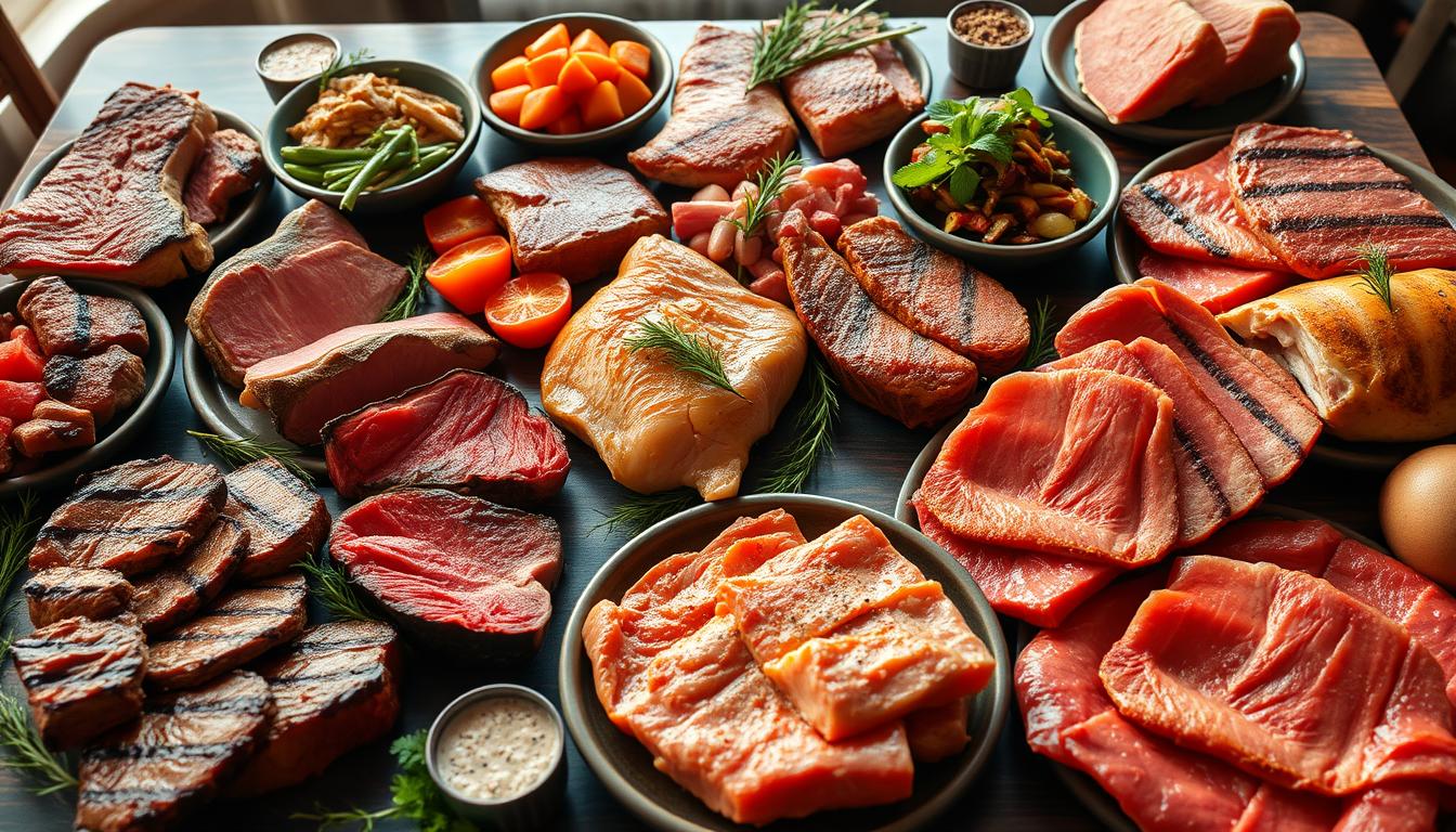 A bountiful table laden with an array of carnivore diet foods: juicy steaks, succulent chicken, tender pork chops, and hearty fish fillets. The rich, earthy tones of the meats are accentuated by the vibrant, saturated colors of the scene, creating a visually striking and appetizing display. The lighting is warm and natural, casting a soft, inviting glow over the scene. The camera angle is slightly elevated, giving a comprehensive view of the various protein-rich options available to those following the carnivore lifestyle. The overall mood is one of abundance, health, and the pleasures of a meat-centric diet.