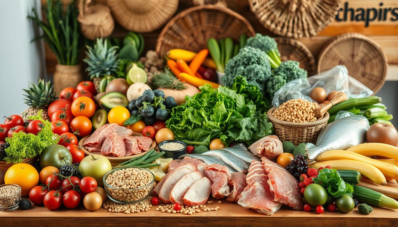 A bountiful table showcases an array of healthy dietary options for intermittent fasting. In the foreground, an assortment of fresh fruits, vegetables, and whole grains lay invitingly. The middle ground features various protein sources, such as lean meats, fish, and legumes. In the background, a vibrant backdrop of natural textures, like woven baskets and wooden surfaces, creates a warm, earthy ambiance. The lighting is soft and diffused, highlighting the natural colors and textures of the ingredients. The overall scene conveys a sense of balance, nourishment, and the versatility of dietary choices that support mitochondrial health during intermittent fasting periods.