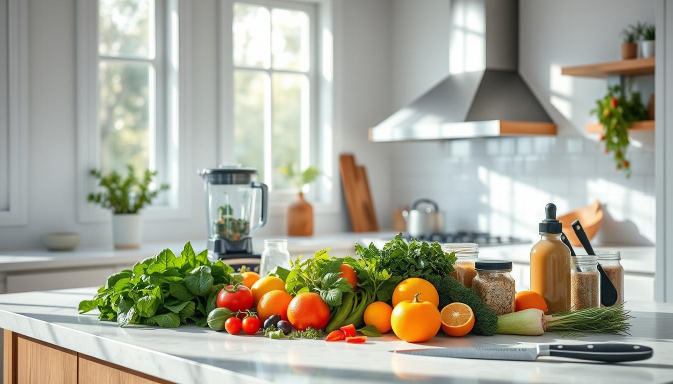 A bright, airy kitchen with natural light streaming in through large windows. On the countertop, an arrangement of essential fat-burning ingredients - fresh leafy greens, crisp vegetables, juicy citrus fruits, and jars of spices and herbs. Sleek, modern appliances such as a high-powered blender and a high-quality chef's knife sit nearby, ready to assist in the preparation of nourishing meals. The overall atmosphere is one of vitality and focus, inspiring the viewer to embark on a journey of natural fat-burning success in the heart of the home. A bright, airy kitchen with natural light streaming in through large windows. On the countertop, an arrangement of essential fat-burning ingredients - fresh leafy greens, crisp vegetables, juicy citrus fruits, and jars of spices and herbs. Sleek, modern appliances such as a high-powered blender and a high-quality chef's knife sit nearby, ready to assist in the preparation of nourishing meals. The overall atmosphere is one of vitality and focus, inspiring the viewer to embark on a journey of natural fat-burning success in the heart of the home.