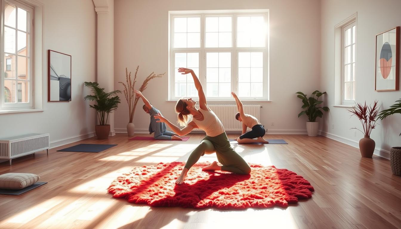 A bright, airy room filled with natural light pouring in through large windows. In the center, a person performing a series of stretches and yoga poses, their body moving with graceful fluidity. The floor is covered in a plush, vibrant rug, and the walls are adorned with minimalist artwork. The atmosphere is serene and calming, radiating a sense of wellness and mindfulness. The scene is captured from a slightly elevated angle, creating a sense of intimacy and connection with the subject. The lighting is soft and diffused, adding a warm, glowing quality to the image. A bright, airy room filled with natural light pouring in through large windows. In the center, a person performing a series of stretches and yoga poses, their body moving with graceful fluidity. The floor is covered in a plush, vibrant rug, and the walls are adorned with minimalist artwork. The atmosphere is serene and calming, radiating a sense of wellness and mindfulness. The scene is captured from a slightly elevated angle, creating a sense of intimacy and connection with the subject. The lighting is soft and diffused, adding a warm, glowing quality to the image.
