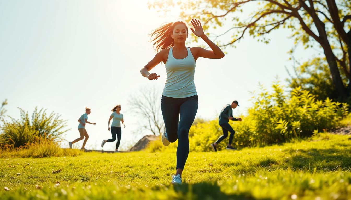 A bright, airy scene showcasing effective fat-burning techniques. In the foreground, a figure engages in dynamic, full-body movements like jumping jacks and high knees, surrounded by a vibrant, energetic atmosphere. The middle ground features a range of everyday activities like brisk walking, taking the stairs, and household chores, all contributing to the principle of Non-Exercise Activity Thermogenesis (NEAT). The background depicts a nature-inspired setting, with lush greenery and a warm, golden lighting that infuses the scene with a sense of vitality and positivity.