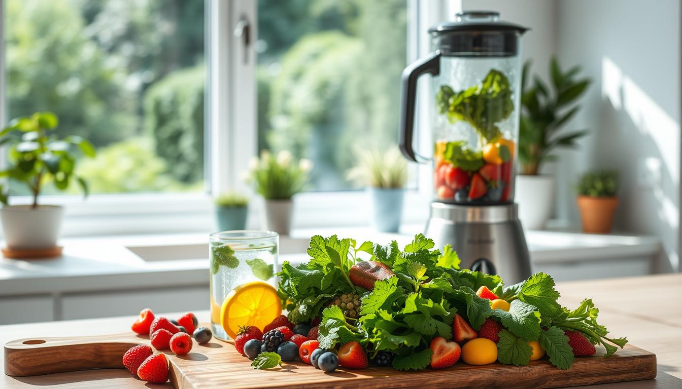 A bright and airy kitchen with a large window overlooking a lush garden. In the foreground, a wooden cutting board holds an assortment of fresh produce - crisp leafy greens, vibrant berries, and crunchy vegetables. Beside the board, a glass of infused water with lemon and mint reflects the sunlight streaming in. In the middle ground, a sleek, stainless steel blender stands ready to transform these ingredients into a nutrient-dense smoothie. The background features calming neutral tones and a few potted plants, creating a serene and inviting atmosphere that inspires healthy living. The lighting is soft and diffused, enhancing the vibrant colors and textures of the scene.
