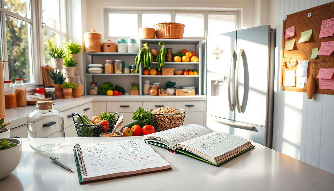 A bright and airy kitchen with a well-stocked pantry and refrigerator. On the counter, an open notebook with handwritten meal plans and grocery lists. Fresh produce, whole grains, and lean proteins are neatly arranged, conveying a sense of organization and control. Ample natural light streams in through large windows, casting a warm glow on the scene. A corkboard on the wall displays sticky notes with healthy recipe ideas and reminders to avoid temptation. The overall atmosphere is one of intentional, mindful meal planning, promoting a lifestyle of natural weight loss transformation. A bright and airy kitchen with a well-stocked pantry and refrigerator. On the counter, an open notebook with handwritten meal plans and grocery lists. Fresh produce, whole grains, and lean proteins are neatly arranged, conveying a sense of organization and control. Ample natural light streams in through large windows, casting a warm glow on the scene. A corkboard on the wall displays sticky notes with healthy recipe ideas and reminders to avoid temptation. The overall atmosphere is one of intentional, mindful meal planning, promoting a lifestyle of natural weight loss transformation.
