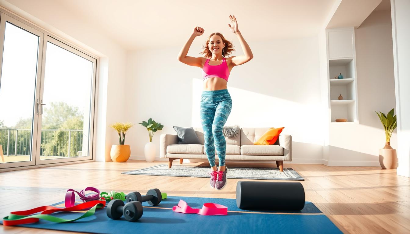 A bright and energetic scene depicting a fit young woman performing simple weight loss exercises at home. In the foreground, she is seen doing jumping jacks with a determined expression, wearing vibrant athletic wear. The middle ground features various 10-minute workout equipment like resistance bands, dumbbells, and a yoga mat. The background showcases a modern, minimalist home interior with large windows letting in natural light, creating a warm and inviting atmosphere that encourages fitness and wellness.