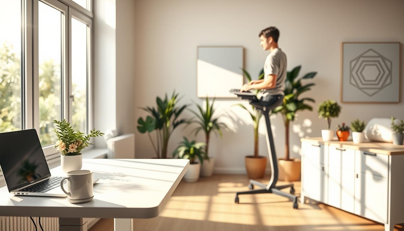 A bright and vibrant standing desk setup, bathed in natural sunlight streaming through large windows. In the foreground, a sleek, height-adjustable desk with a laptop, coffee mug, and a potted plant. The user, dressed in casual, comfortable attire, stands tall and focused, engaged in their work. The middle ground features an ergonomic standing desk chair, its modern design complementing the overall aesthetic. In the background, a minimalist, plant-filled office space with a geometric art piece on the wall, creating a sense of productivity and well-being. The lighting is soft and diffused, casting a warm glow on the scene, encouraging a healthy, active work environment. A bright and vibrant standing desk setup, bathed in natural sunlight streaming through large windows. In the foreground, a sleek, height-adjustable desk with a laptop, coffee mug, and a potted plant. The user, dressed in casual, comfortable attire, stands tall and focused, engaged in their work. The middle ground features an ergonomic standing desk chair, its modern design complementing the overall aesthetic. In the background, a minimalist, plant-filled office space with a geometric art piece on the wall, creating a sense of productivity and well-being. The lighting is soft and diffused, casting a warm glow on the scene, encouraging a healthy, active work environment.