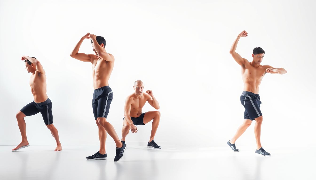 A bright, high-contrast image of a person performing a series of targeted muscle group exercises. The foreground features a fit individual demonstrating various exercises such as bicep curls, shoulder raises, and leg lifts. The middle ground showcases a clean, minimalist background with simple geometric shapes or patterns to provide visual interest without distracting from the main subject. Soft, diffuse lighting from multiple angles creates a vibrant, energetic atmosphere, highlighting the defined musculature and fluid movements of the exercises. The overall composition emphasizes the precision and intentionality of the workout routine, conveying a sense of focused determination.