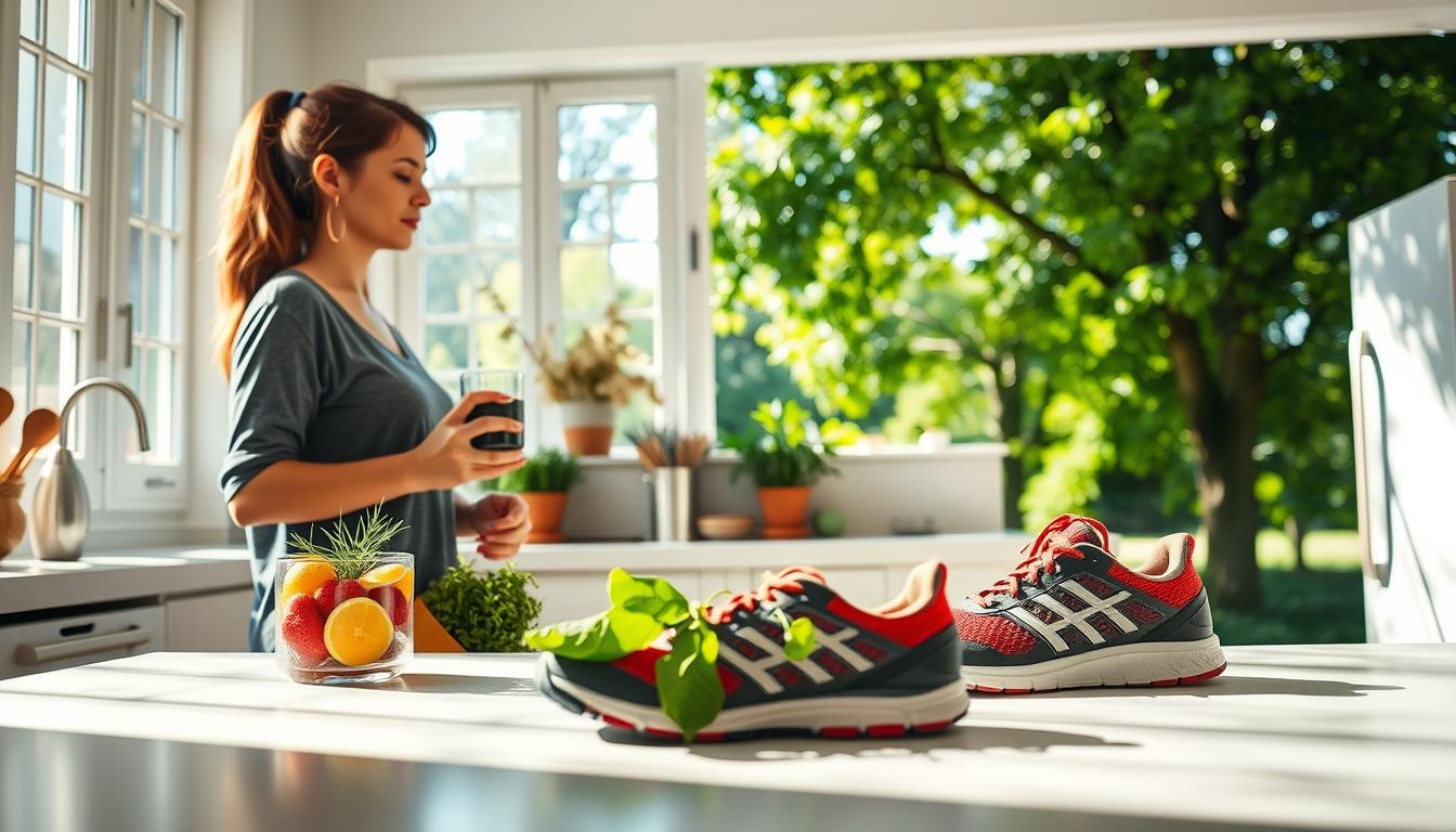 A bright, sun-drenched kitchen filled with the aroma of freshly brewed coffee. A woman stands at the countertop, her expression serene as she prepares a nourishing smoothie, filled with vibrant fruits and vegetables. Nearby, a pair of well-worn running shoes sits, ready for a revitalizing morning jog through a lush, verdant park. The scene is one of intentionality and self-care, where the simple rituals of the day are imbued with a sense of purpose and mindfulness, setting the stage for a transformative journey towards holistic weight loss. A bright, sun-drenched kitchen filled with the aroma of freshly brewed coffee. A woman stands at the countertop, her expression serene as she prepares a nourishing smoothie, filled with vibrant fruits and vegetables. Nearby, a pair of well-worn running shoes sits, ready for a revitalizing morning jog through a lush, verdant park. The scene is one of intentionality and self-care, where the simple rituals of the day are imbued with a sense of purpose and mindfulness, setting the stage for a transformative journey towards holistic weight loss.