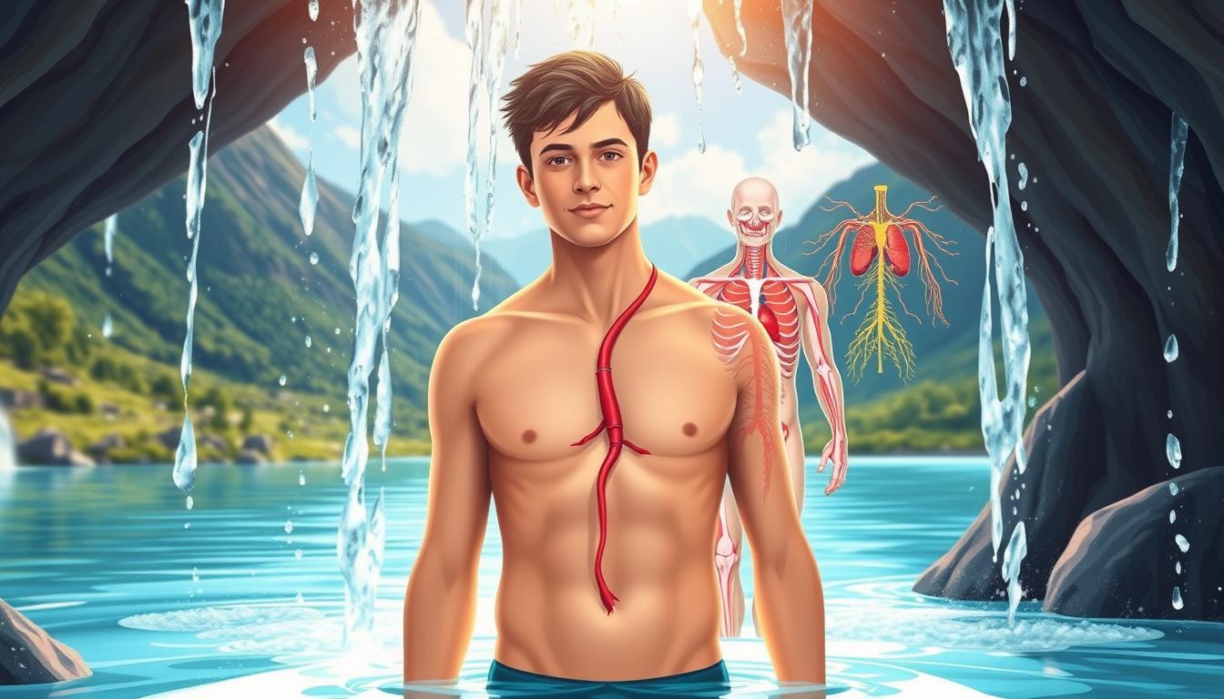 A bright, vibrant illustration depicting the health benefits of cold exposure. In the foreground, a person standing under a cascading waterfall, their skin glowing with vitality. The middle ground showcases various bodily systems, such as the circulatory and nervous systems, highlighted with intricate anatomical details. In the background, a serene, mountainous landscape with lush greenery and a clear, azure sky, conveying a sense of natural rejuvenation. Soft, diffused lighting illuminates the scene, creating a warm, inviting atmosphere that highlights the invigorating effects of cold exposure on the human body.