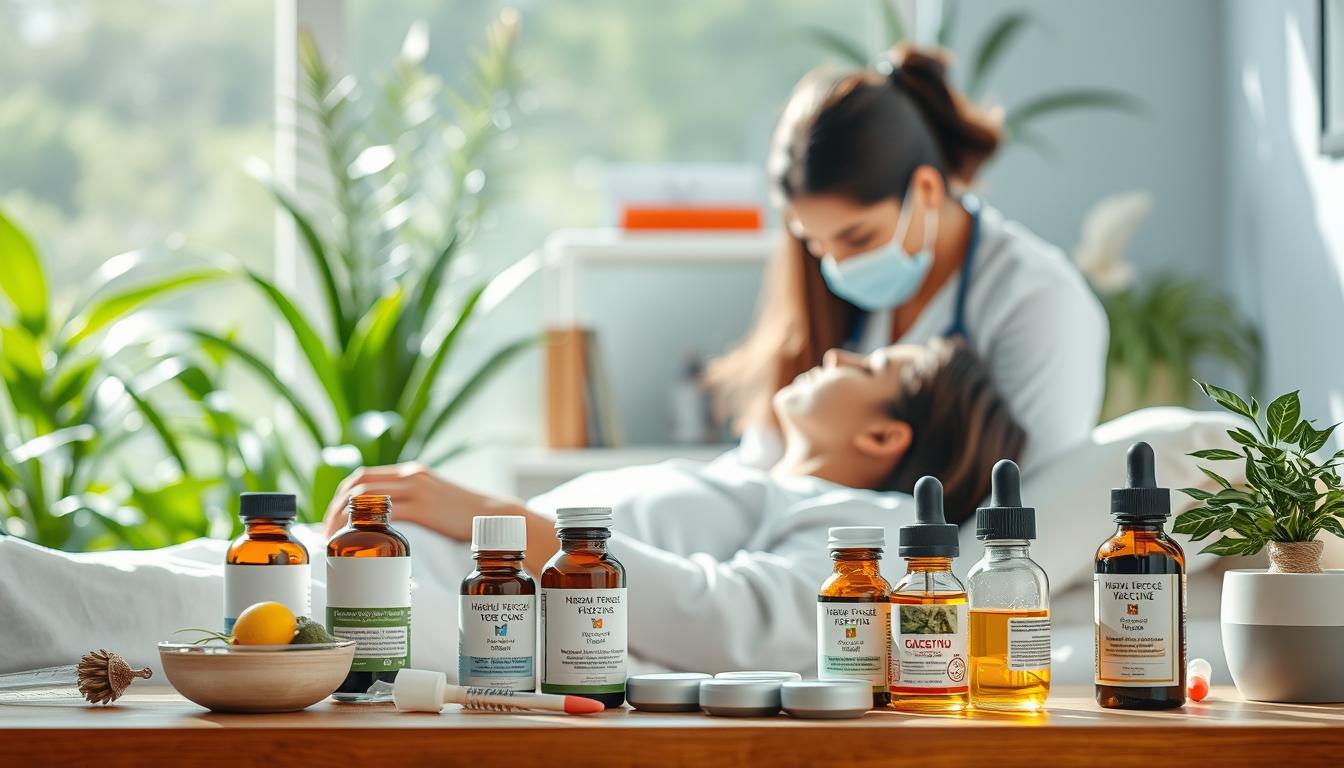 A bright, vibrant medical scene depicting the management of vaccine side effects. In the foreground, a person resting comfortably, receiving attentive care from a healthcare professional. The middle ground showcases various remedies and therapies, including natural supplements, herbal tinctures, and supportive treatments. The background features a soothing, nature-inspired environment, with verdant plants and a calming, diffused lighting that creates a sense of tranquility and well-being. The overall atmosphere conveys a holistic, empowering approach to managing post-vaccine side effects, with a focus on the body's natural healing processes.