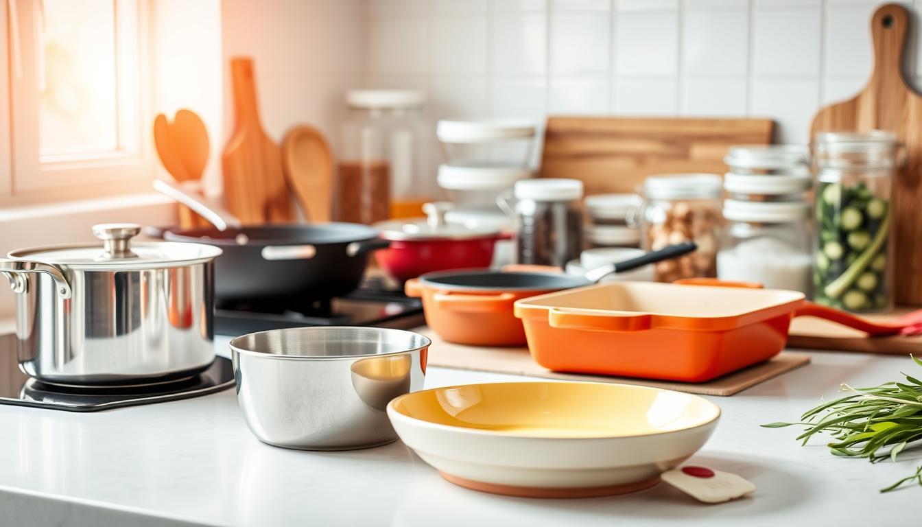 A bright, well-lit kitchen countertop showcases an array of modern, eco-friendly cookware. In the foreground, a sleek stainless steel saucepan and a vibrant ceramic baking dish stand out. In the middle ground, a cast-iron skillet and a non-toxic silicone spatula are neatly arranged. The background features a range of glass storage containers and a bamboo cutting board, all bathed in a warm, natural light. The overall atmosphere conveys a sense of health, sustainability, and a vibrant culinary lifestyle.