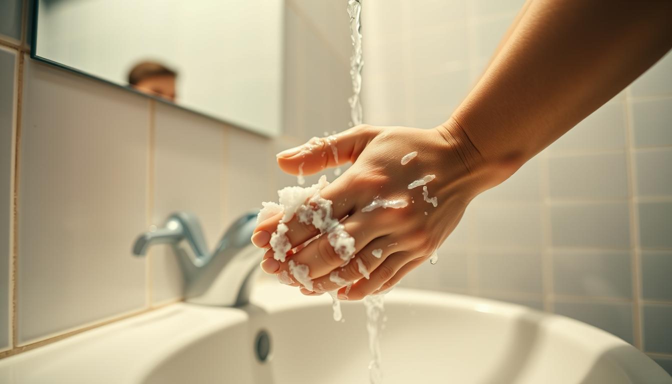 A brightly lit bathroom scene showcases a person meticulously following proper hand washing techniques. The foreground features their hands lathered with soap, fingers interlaced and scrubbing vigorously under running water. The middle ground captures a mirror reflecting their focused expression, while the background displays a minimalist tiled wall and sink, creating a clean, vibrant atmosphere. The lighting is soft and diffused, highlighting the intricate hand movements and the importance of this hygienic ritual. The overall composition conveys a sense of attention to detail and the value of maintaining excellent personal hygiene practices. A brightly lit bathroom scene showcases a person meticulously following proper hand washing techniques. The foreground features their hands lathered with soap, fingers interlaced and scrubbing vigorously under running water. The middle ground captures a mirror reflecting their focused expression, while the background displays a minimalist tiled wall and sink, creating a clean, vibrant atmosphere. The lighting is soft and diffused, highlighting the intricate hand movements and the importance of this hygienic ritual. The overall composition conveys a sense of attention to detail and the value of maintaining excellent personal hygiene practices.
