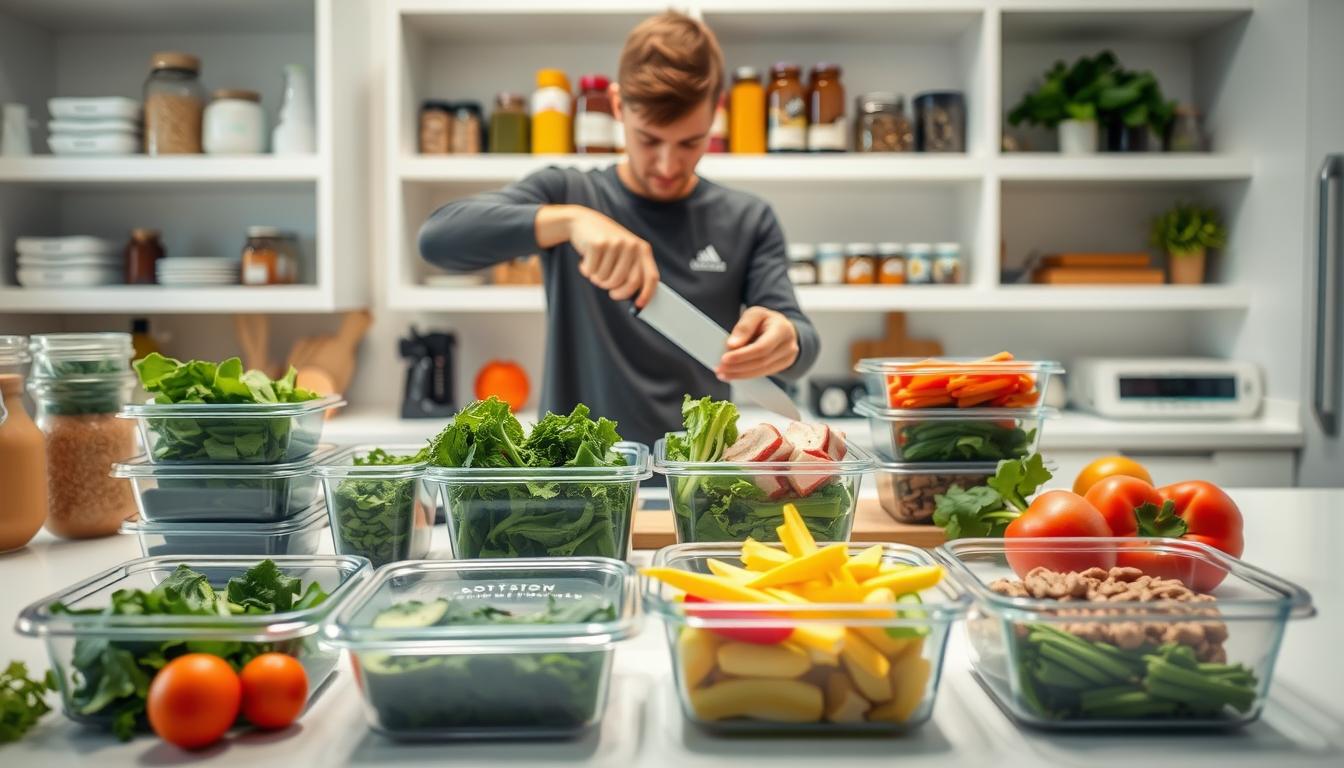 A brightly lit kitchen interior in a modern, minimalist style. On the counter, an assortment of meal prep containers, chopping boards, and kitchen tools neatly arranged. The foreground showcases various fresh ingredients - leafy greens, colorful vegetables, and lean proteins. In the middle ground, a person is deftly chopping and portioning the ingredients into the containers, their movements captured in a vibrant, dynamic blur. The background reveals shelves of spices, jars, and other pantry staples, creating a sense of efficiency and organization. The overall mood is one of productivity, health, and time-saving convenience. A brightly lit kitchen interior in a modern, minimalist style. On the counter, an assortment of meal prep containers, chopping boards, and kitchen tools neatly arranged. The foreground showcases various fresh ingredients - leafy greens, colorful vegetables, and lean proteins. In the middle ground, a person is deftly chopping and portioning the ingredients into the containers, their movements captured in a vibrant, dynamic blur. The background reveals shelves of spices, jars, and other pantry staples, creating a sense of efficiency and organization. The overall mood is one of productivity, health, and time-saving convenience.