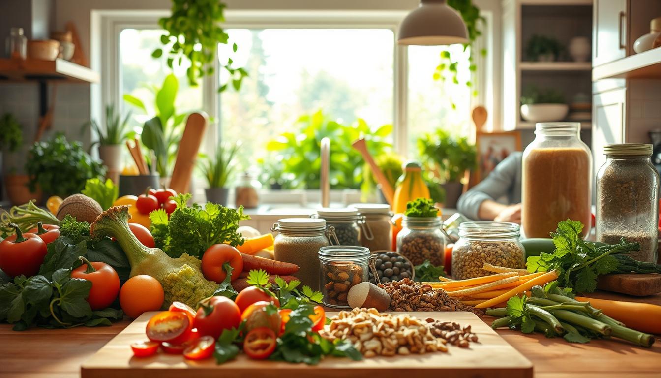 A bustling kitchen scene with a center-stage display of a vibrant array of fresh produce, whole grains, and lean proteins. Warm, natural lighting casts a soft glow, highlighting the textures and colors of the ingredients. In the foreground, a cutting board with sliced vegetables and herbs, conveying the preparation of a nutritious, mitochondrial-boosting meal. The middle ground features jars of spices, nuts, and seeds, symbolizing the essential components of a mitochondrial health diet. The background showcases a large window, allowing a view of a lush, verdant garden, emphasizing the connection between nature, sustainability, and optimal cellular function. The overall atmosphere is one of health, vitality, and a holistic approach to nourishing the body.