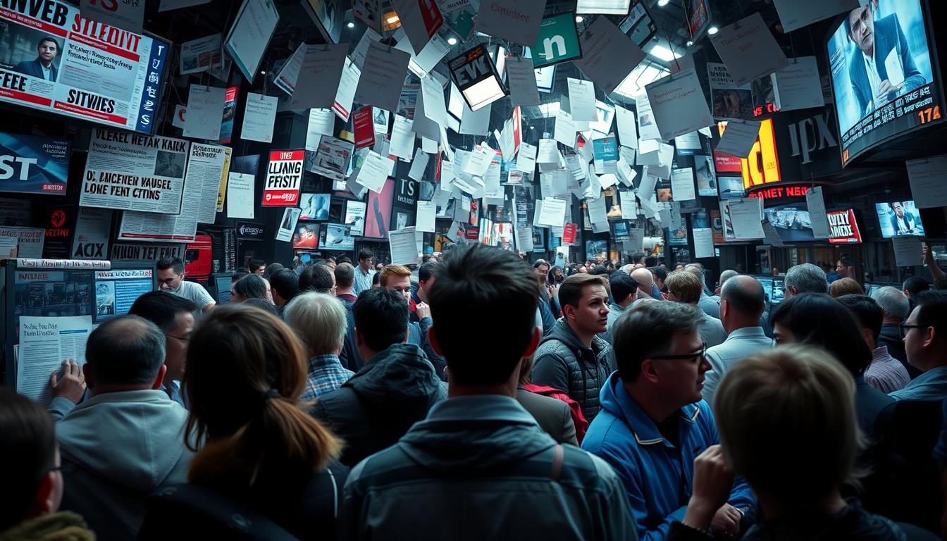 A bustling news media landscape, filled with a cacophony of headlines and articles, each vying for attention. In the foreground, a swirling vortex of misinformation and half-truths, obscuring the facts. In the middle ground, confused and uncertain readers, their faces turned towards the screen, searching for reliable information. The background, a vibrant, chaotic blend of social media feeds, algorithms, and the perpetual cycle of click-driven narratives. The scene is bathed in a harsh, unforgiving light, casting a stark shadow on the role of the media in shaping public perceptions on health-related issues.