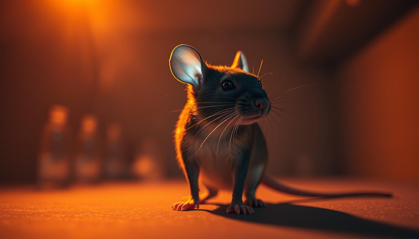 A calorie-restricted laboratory mouse stands in a dimly lit, sterile environment, its gaze focused intently. Mitochondria, the powerhouses of its cells, glow with a vibrant, bioluminescent energy, hinting at the longevity-enhancing effects of its spare diet. The scene is bathed in a warm, amber light, casting long shadows and creating a sense of contemplative introspection. The mouse's fur appears sleek and healthy, a testament to the cellular rejuvenation brought about by this ancient metabolic strategy. A subtle haze permeates the space, suggesting the complex interplay of biological processes at work. This image aims to capture the essence of caloric restriction's profound impact on mitochondrial function and organismal lifespan.
