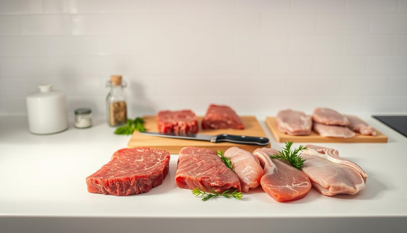 A clean, well-lit kitchen counter, with a variety of fresh, high-quality meats neatly arranged in the foreground - steak, ground beef, chicken breasts, and pork chops. In the middle ground, a cutting board, knife, and simple seasonings like salt and pepper, conveying the idea of meal preparation. The background features a minimalist, bright white wall, focusing the viewer's attention on the central elements. The overall mood is vibrant, clean, and purposeful, reflecting the start of a healthy, carnivore-based diet journey.