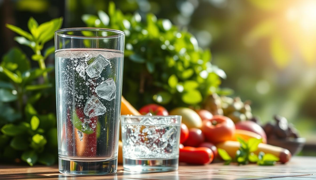 A clear glass filled with sparkling, purified water sits in the foreground, reflecting the light from a natural, airy scene. In the middle ground, an array of fresh, green leafy plants and vibrant fruits and vegetables symbolize the importance of hydration for cellular health and overall well-being. The background depicts a serene, sun-dappled landscape, with soft, diffused lighting creating a calming, rejuvenating atmosphere. The entire composition conveys the essence of vibrant, cellular-level nourishment through proper hydration.
