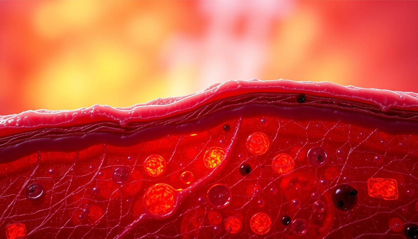 A close-up cross-section view of the skin and underlying tissue, depicting the post-vaccination inflammation process. The foreground shows swollen blood vessels, increased redness, and the infiltration of immune cells like macrophages and neutrophils. The middle ground reveals the disruption of the dermis layer, with damaged collagen fibers and edema. The background features a hazy, vibrant gradient of epic colors, ranging from deep reds and oranges to luminous yellows, creating a sense of intensity and energy. The lighting is dramatic, with strong chiaroscuro effects, emphasizing the inflamed and reactive nature of the tissue. The overall composition conveys the dynamic, acute inflammatory response following vaccination.