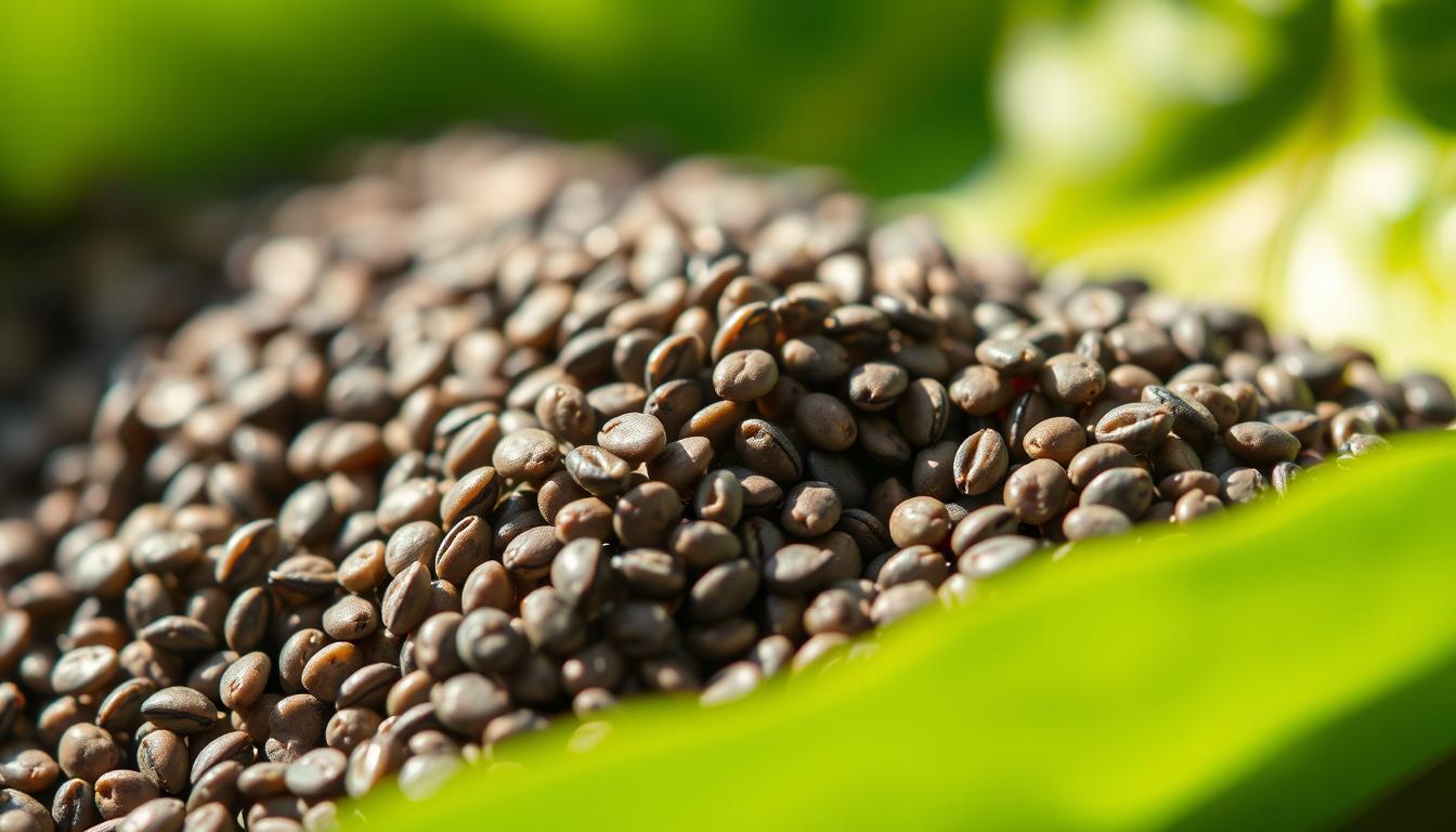 A close-up macro shot of a handful of chia seeds, illuminated by soft, natural lighting. The tiny, mottled seeds glisten, their shiny black and white hues contrasting against a vibrant, verdant background, suggesting their nutritional potency. The image has a clean, crisp focus, emphasizing the textural details of the chia seeds and conveying their small yet mighty nature as a "superfood" capable of aiding fat loss. The overall mood is one of freshness, vitality, and the power of nature's tiny wonders.