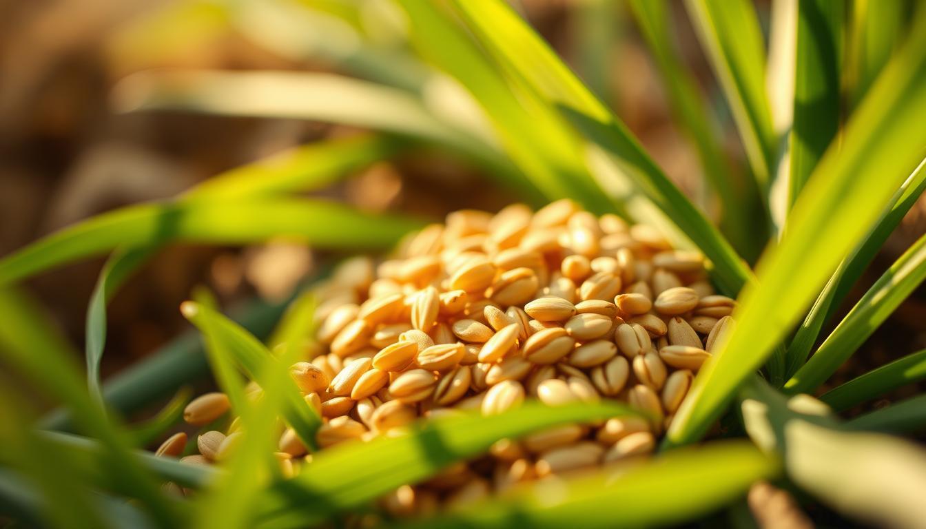 A close-up of several ripe, golden-brown flaxseeds nestled in a soft, natural bed of lush, verdant leaves. The lighting is warm and diffused, casting a gentle, inviting glow upon the scene. The depth of field is shallow, allowing the foreground elements to stand out in vibrant, sharp focus while the background fades into a softly blurred, earthy backdrop. The overall mood is one of wholesome nourishment and natural vitality, reflecting the fiber-rich, fat-burning properties of this versatile superfood.