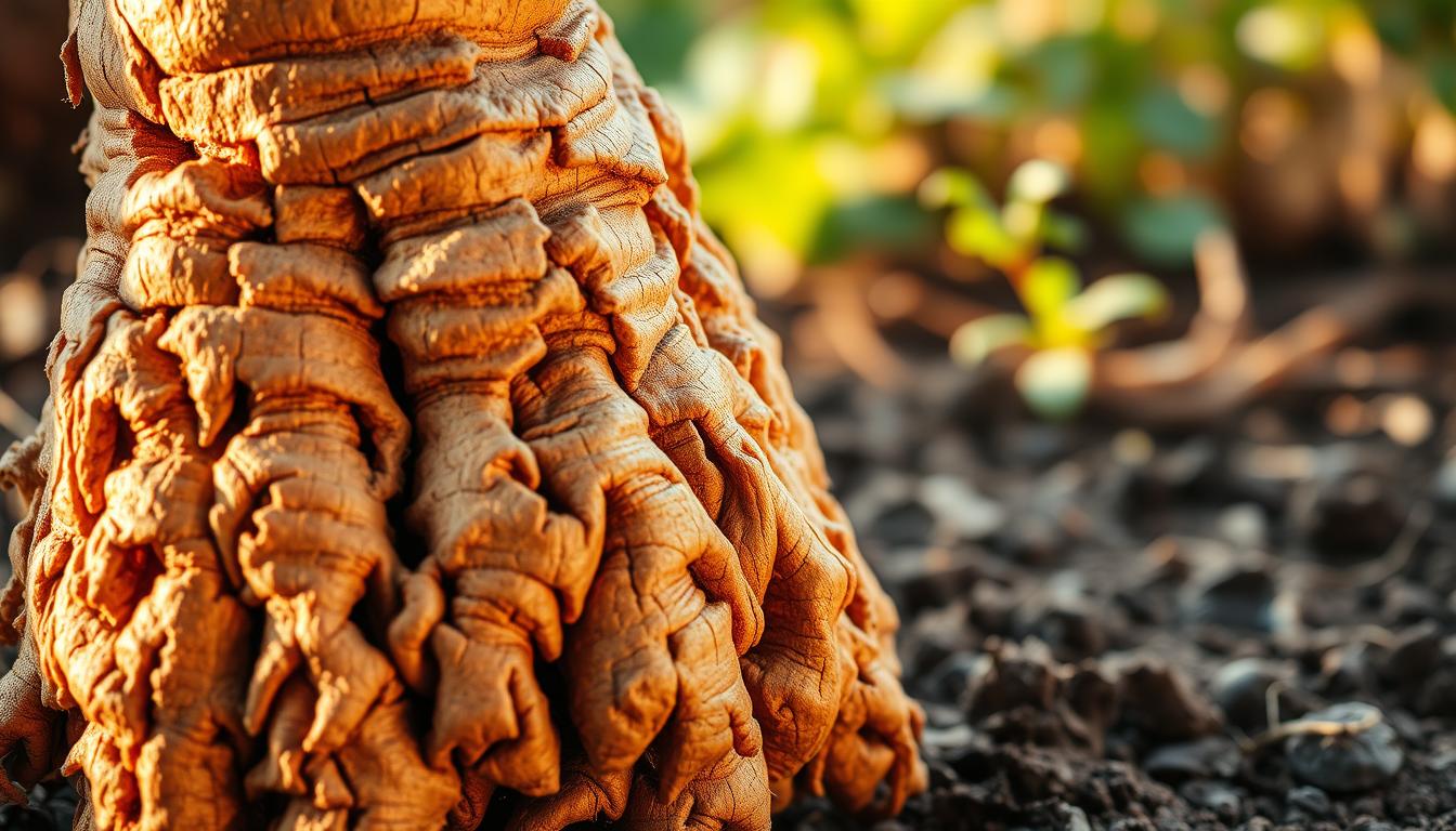A close-up of the robust, fibrous licorice root, its distinctive brown hue and gnarled texture prominently displayed. In the foreground, the root's intricate patterns and grooves are illuminated by warm, diffused lighting, casting subtle shadows and highlights to accentuate its natural beauty. The middle ground showcases the root's connection to the earth, with a hint of the soil from which it draws its nourishing properties. In the background, a vibrant, earthy backdrop provides a complementary and calming contrast, evoking a sense of the adaptogenic qualities inherent in this powerful medicinal herb.