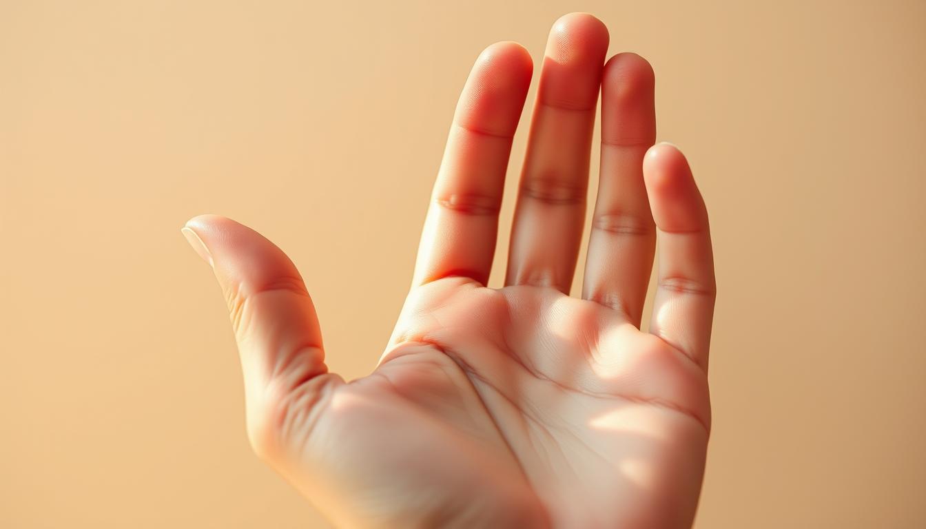 A close-up photograph of a healthy, vibrant human hand with fingers spread, revealing a clear, unblemished complexion and no signs of inflammation or redness. The hand is bathed in soft, warm lighting that accentuates the skin's natural glow. The background is a minimalist, neutral-toned setting, allowing the hand to be the focal point. The image conveys a sense of wellness, balance, and the benefits of a carnivore diet's anti-inflammatory effects on the body.