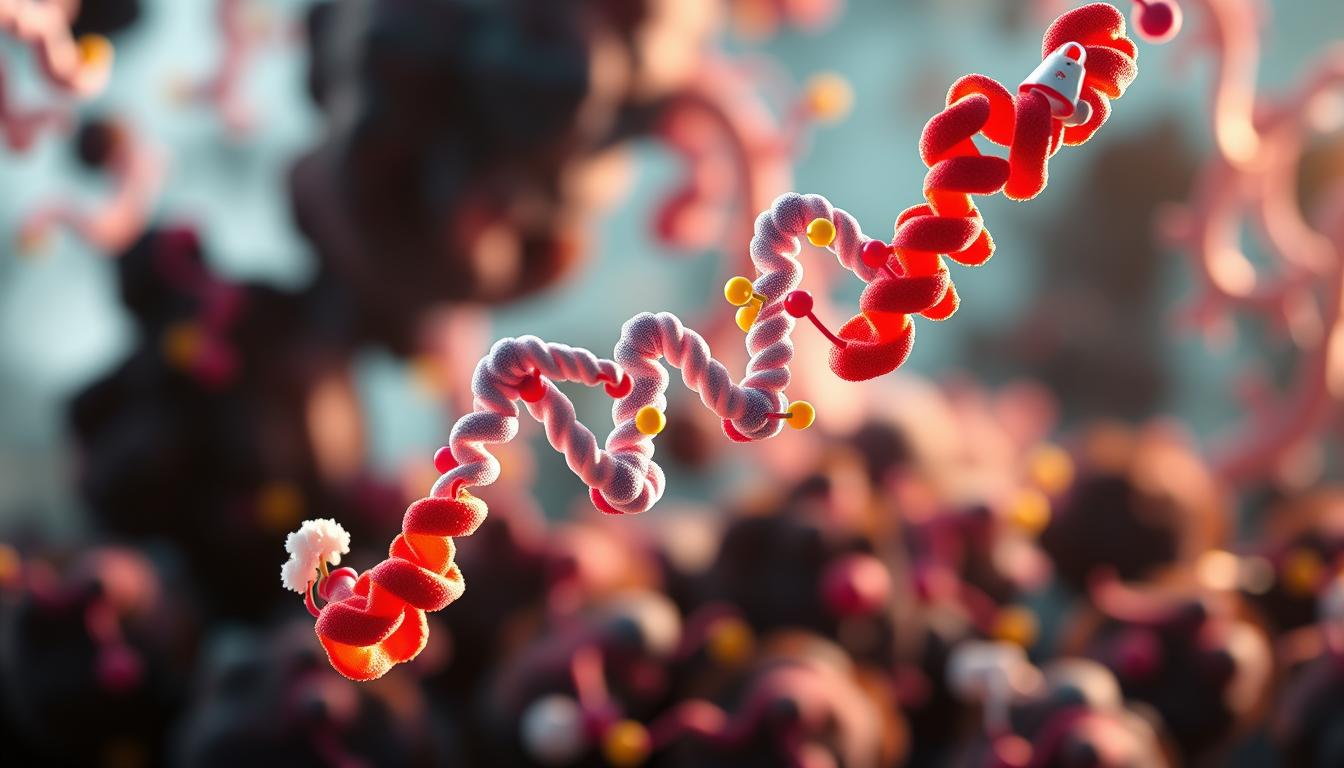 A close-up photograph of a protein molecule in motion, rendered in a vibrant, hyper-realistic style. The foreground features the intricate structure of the protein, with its alpha helices and beta sheets twisting and turning in a dynamic dance. The middle ground showcases the protein's interaction with various metabolic enzymes, depicted as colorful, organic shapes. The background is a blurred, abstract landscape of cellular activity, hinting at the larger context of the metabolic processes at work. Dramatic lighting casts long shadows, emphasizing the depth and complexity of the scene. The overall mood is one of scientific wonder and the awe-inspiring beauty of the molecular world. A close-up photograph of a protein molecule in motion, rendered in a vibrant, hyper-realistic style. The foreground features the intricate structure of the protein, with its alpha helices and beta sheets twisting and turning in a dynamic dance. The middle ground showcases the protein's interaction with various metabolic enzymes, depicted as colorful, organic shapes. The background is a blurred, abstract landscape of cellular activity, hinting at the larger context of the metabolic processes at work. Dramatic lighting casts long shadows, emphasizing the depth and complexity of the scene. The overall mood is one of scientific wonder and the awe-inspiring beauty of the molecular world.