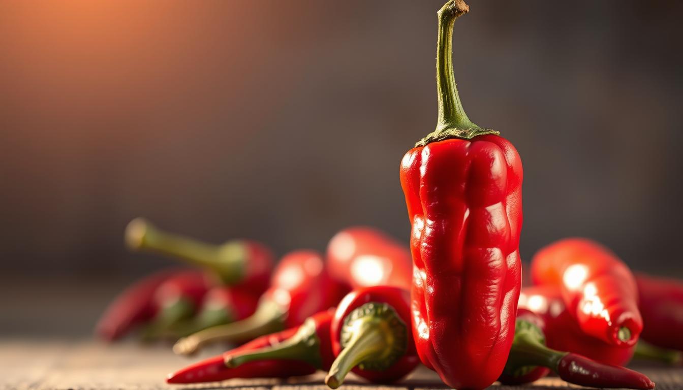 A close-up photograph of a vibrant red cayenne pepper against a blurred background. The pepper is positioned in the foreground, casting soft shadows and highlights that accentuate its wrinkled, textured skin. The lighting is warm and natural, creating a rich, inviting atmosphere. The middle ground features a handful of additional cayenne peppers, their shapes and colors subtly complementing the main subject. The background is a soft, out-of-focus blend of earthy tones, hinting at the pepper's origin and culinary applications. The overall image conveys the spicy, metabolism-boosting properties of this versatile ingredient.