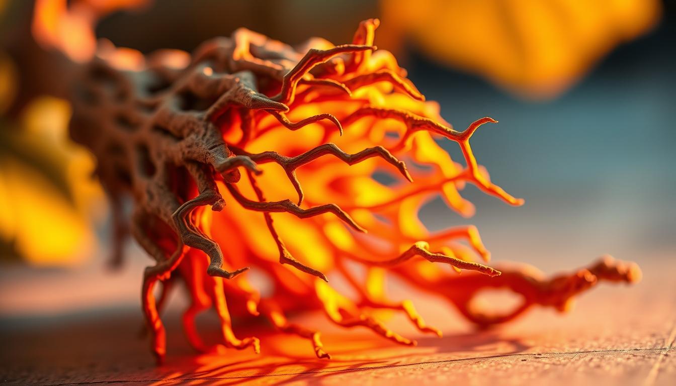 A close-up photograph of an ashwagandha root, its earthy brown and twisted features illuminated by vibrant, warm lighting. The root is displayed in the foreground, its intricate textures and contours filling the frame. The background is softly blurred, creating a sense of focus and emphasis on the medicinal herb. The image conveys a sense of natural healing and balance, reflecting the root's traditional use for supporting hormonal equilibrium.