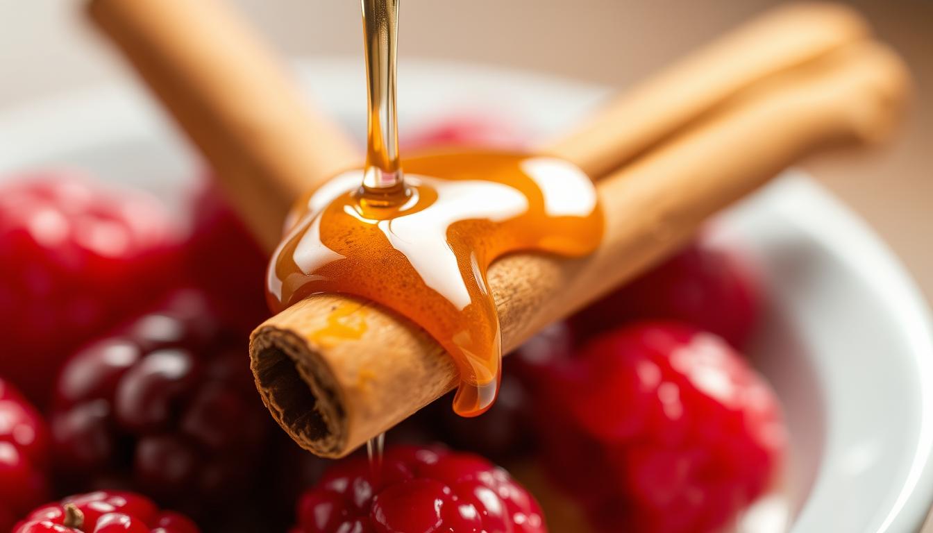 A close-up shot of a cinnamon stick, its warm brown hues complemented by the vibrant red of fresh berries and the golden glow of honey drizzled over them. The composition is crisp and sharp, with a shallow depth of field that draws the eye to the center of the frame. Soft, directional lighting casts subtle shadows, creating depth and dimension. The overall mood is one of natural sweetness and balance, hinting at the blood sugar-regulating properties of cinnamon. The image embodies the harmony between nature's bounty and the body's needs.