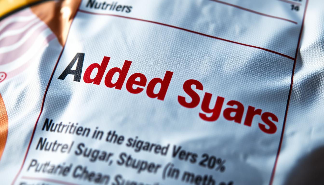A close-up shot of a food nutrition label, featuring a prominent "Added Sugars" section. The label is illuminated by soft, directional lighting, casting gentle shadows and highlights that emphasize the textured paper surface. The label's elements, such as the nutrient information and the bold "Added Sugars" heading, are rendered in vibrant, high-contrast colors that capture the viewer's attention. The background is slightly blurred, keeping the focus on the label and its contents. The overall mood is informative and thought-provoking, inviting the viewer to carefully examine the label and understand the importance of monitoring added sugars in their diet. A close-up shot of a food nutrition label, featuring a prominent "Added Sugars" section. The label is illuminated by soft, directional lighting, casting gentle shadows and highlights that emphasize the textured paper surface. The label's elements, such as the nutrient information and the bold "Added Sugars" heading, are rendered in vibrant, high-contrast colors that capture the viewer's attention. The background is slightly blurred, keeping the focus on the label and its contents. The overall mood is informative and thought-provoking, inviting the viewer to carefully examine the label and understand the importance of monitoring added sugars in their diet.