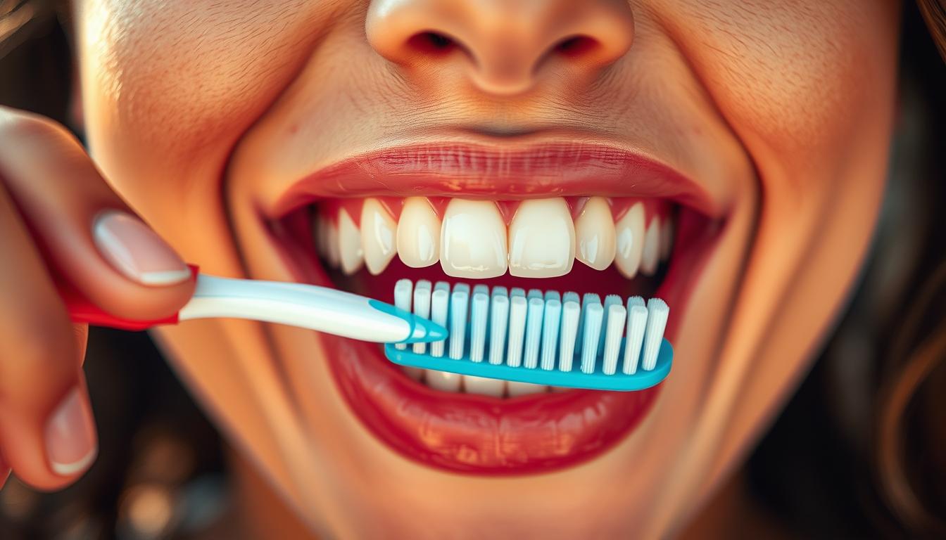 A close-up shot of a person's mouth, framed in the center of the frame. The teeth are prominently displayed, glistening and white, with a toothbrush in hand. The background is blurred, creating a soft, dreamy atmosphere. Warm, natural lighting illuminates the scene, casting a vibrant, inviting glow. The overall mood is one of cleanliness, health, and a sense of accomplishment, encouraging the viewer to adopt this positive habit. The person's expression radiates a sense of satisfaction and contentment, reflecting the benefits of regular dental hygiene. A close-up shot of a person's mouth, framed in the center of the frame. The teeth are prominently displayed, glistening and white, with a toothbrush in hand. The background is blurred, creating a soft, dreamy atmosphere. Warm, natural lighting illuminates the scene, casting a vibrant, inviting glow. The overall mood is one of cleanliness, health, and a sense of accomplishment, encouraging the viewer to adopt this positive habit. The person's expression radiates a sense of satisfaction and contentment, reflecting the benefits of regular dental hygiene.
